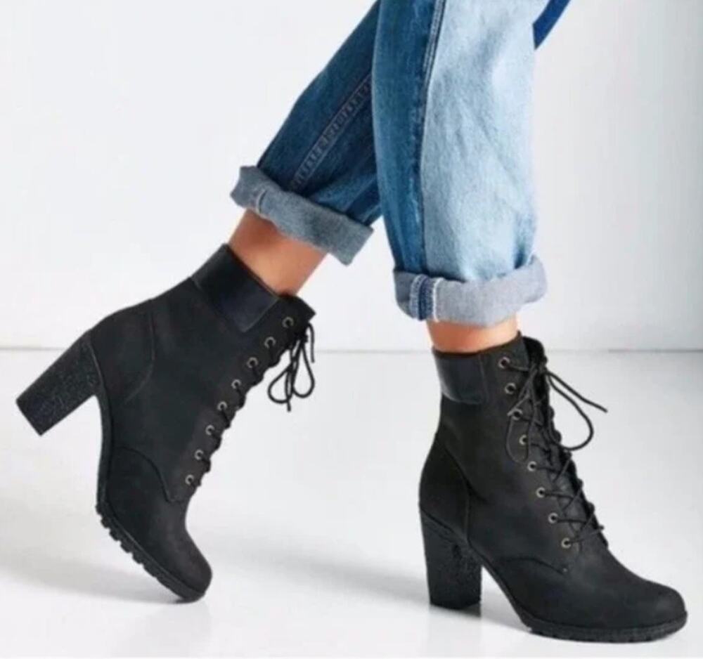 Timberland Sz 8 Allington Block Heel Lace Up Ankle Boots Black Goth Grunge